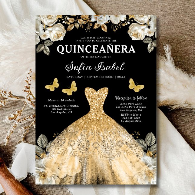 Invitation Floral Gold Black Butterfly Princess Quinceanera (Créateur téléchargé)