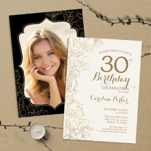 Invitation Floral Gold Black Photo 30th Birthday Party