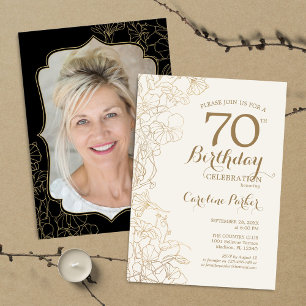 Invitation Floral Gold Black Photo 70th Birthday Party