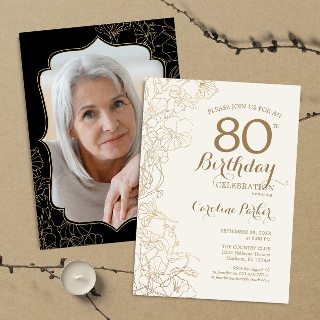 Invitation Floral Gold Black Photo 80th Birthday Party (Créateur téléchargé)