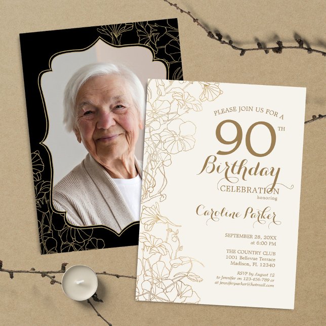 Invitation Floral Gold Black Photo 90th Birthday Party (Créateur téléchargé)