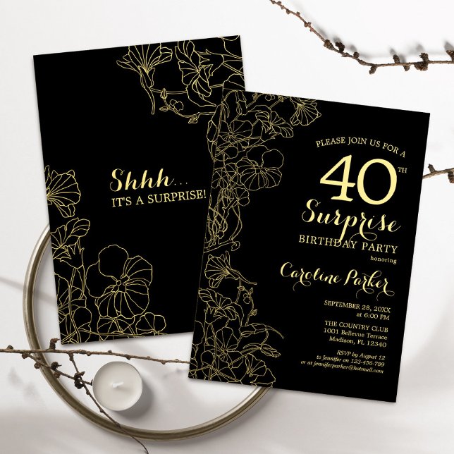 Invitation Floral Gold Black Surprise 40e fête d'anniversaire (Créateur téléchargé)