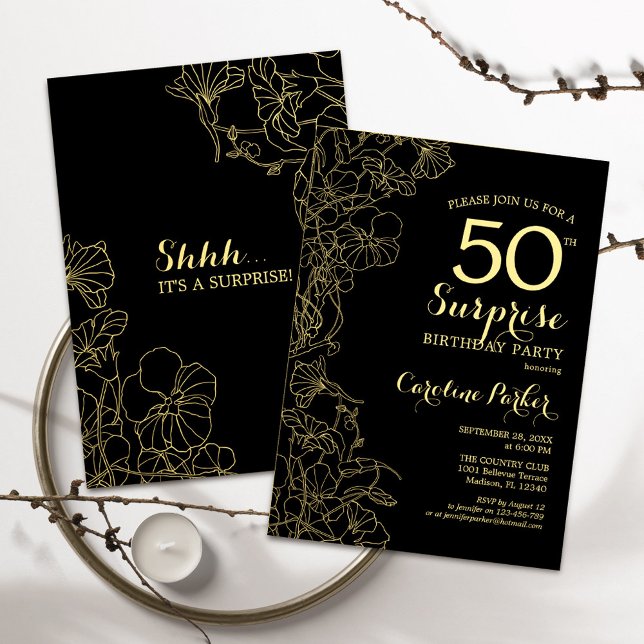 Invitation Floral Gold Black Surprise 50e fête d'anniversaire (Créateur téléchargé)