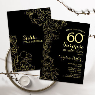 Invitation Floral Gold Black Surprise 60e fête d'anniversaire