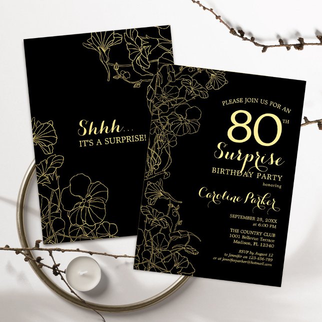 Invitation Floral Gold Black Surprise 80e fête d'anniversaire (Créateur téléchargé)