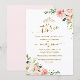 Invitation Floral Gold Blush Girl 3e fête d'anniversaire