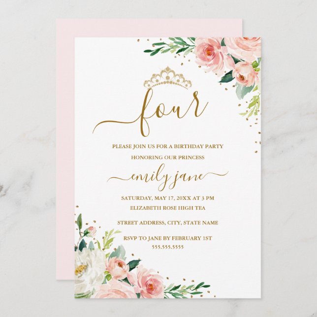 Invitation Floral Gold Blush Girl 4e fête d'anniversaire (Devant / Derrière)