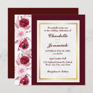 Invitation Floral Gold Blush rose Bourgogne Mariage Script
