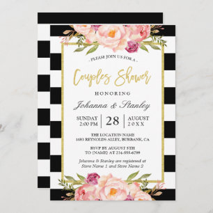 Invitation Floral Gold BW Stripes Mariage Couples Douche