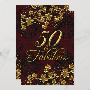 Invitation Floral Gold Dark Red 50 Fabuleux anniversaire