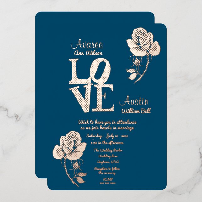 Invitation Floral Gold et Blue Foil (Recto/Verso)