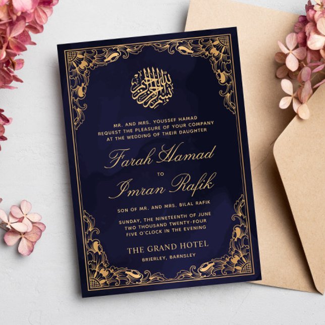 Invitation Floral Gold Frame Blue Navy Musulman islamique Mar (Créateur téléchargé)