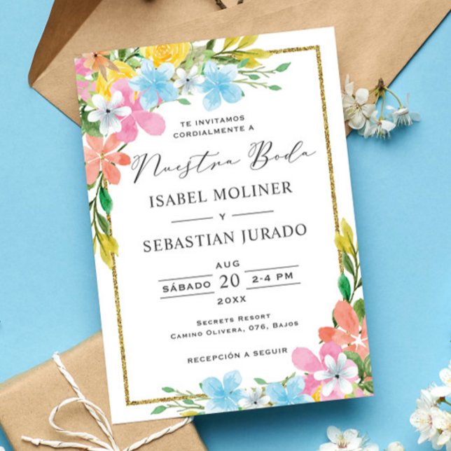 Invitation Floral Gold Frontière Nuestra Boda Mariage espagno (Créateur téléchargé)