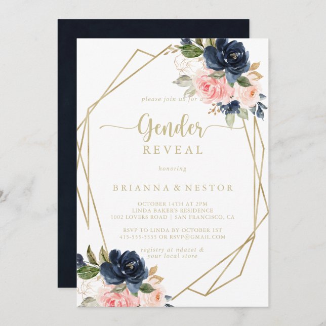 Invitation Floral Gold Géométrique Sexe RevevezParty (Devant / Derrière)