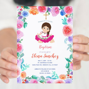 Invitation Floral Gold Girl Baptism Christening Mexicaine