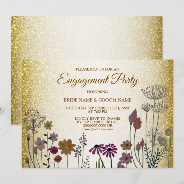 Invitation Floral Gold Glitter Wedding Engagement Party (Devant / Derrière)