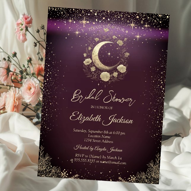 Invitation Floral Gold Moon,Stars Burgundy Bridal Shower (Créateur téléchargé)