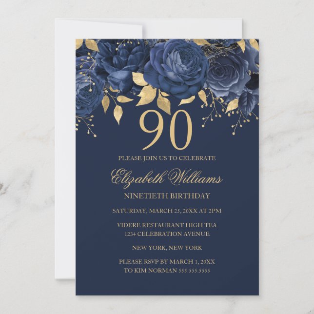 Invitation Floral Gold Navy Rose 90e anniversaire (Devant)
