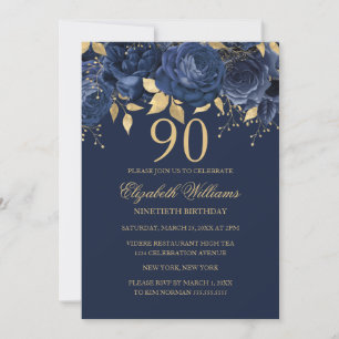 Invitation Floral Gold Navy Rose 90e anniversaire