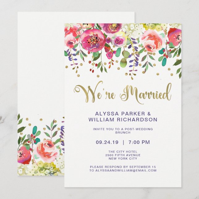 Invitation Floral Gold | Nous sommes mariés (Devant / Derrière)