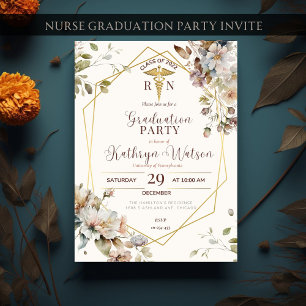 Invitation Floral Gold Nurse Graduate RN Nursing Graduate