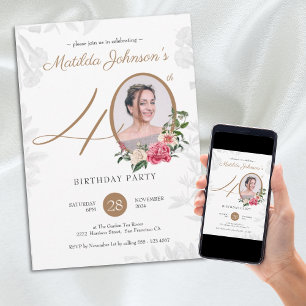 Invitation Floral Gold Photo 40th Birthday Party