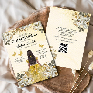 Invitation Floral Gold QR Code Princess Quinceanera