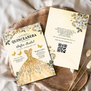 Invitation Floral Gold QR Code Princess Quinceanera