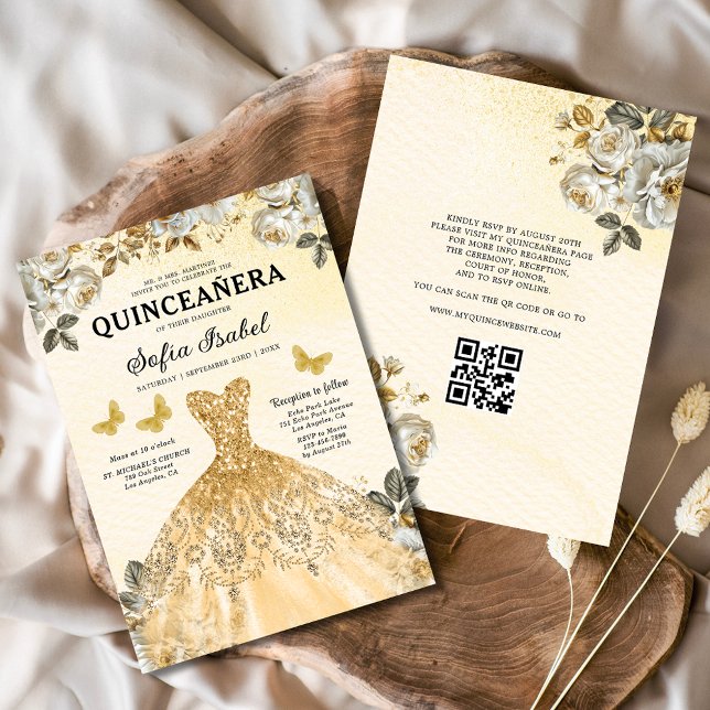 Invitation Floral Gold QR Code Princess Quinceanera (Créateur téléchargé)