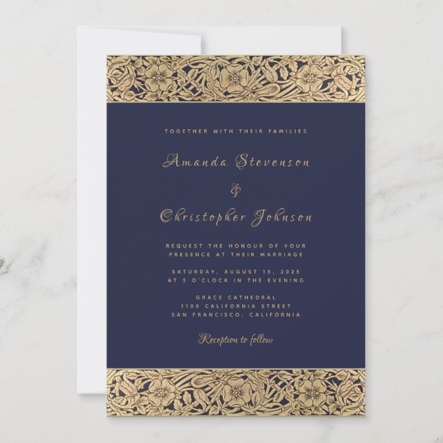 Invitation Floral Gold Rose Marine Bleu Élégant mariage vinta (Devant)