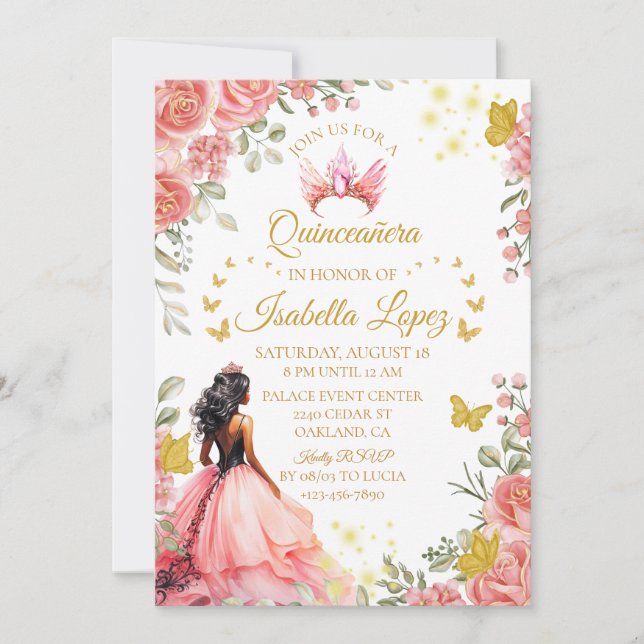 Invitation Floral Gold Rose Princesse Quinceanera Anniversair (Devant)