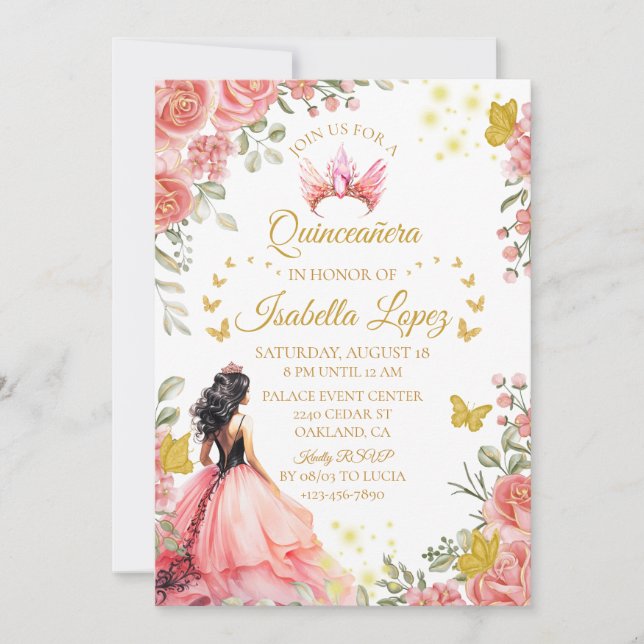 Invitation Floral Gold Rose Princesse Quinceanera Anniversair (Devant)