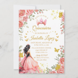 Invitation Floral Gold Rose Princesse Quinceanera Anniversair