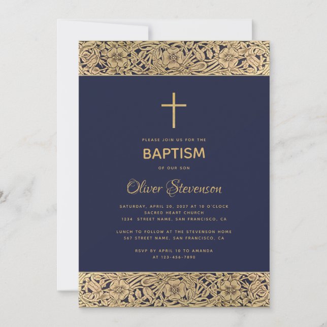 Invitation Floral Gold Rose sur Navy Blue Elegant Boy Baptism (Devant)
