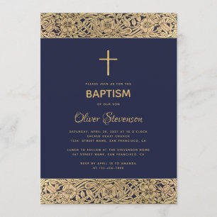 Invitation Floral Gold Rose sur Navy Blue Elegant Boy Baptism