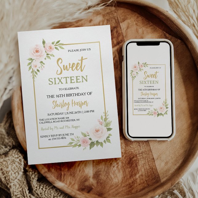 Invitation Floral Gold Script Sweet Sixteen Birthday  (Créateur téléchargé)