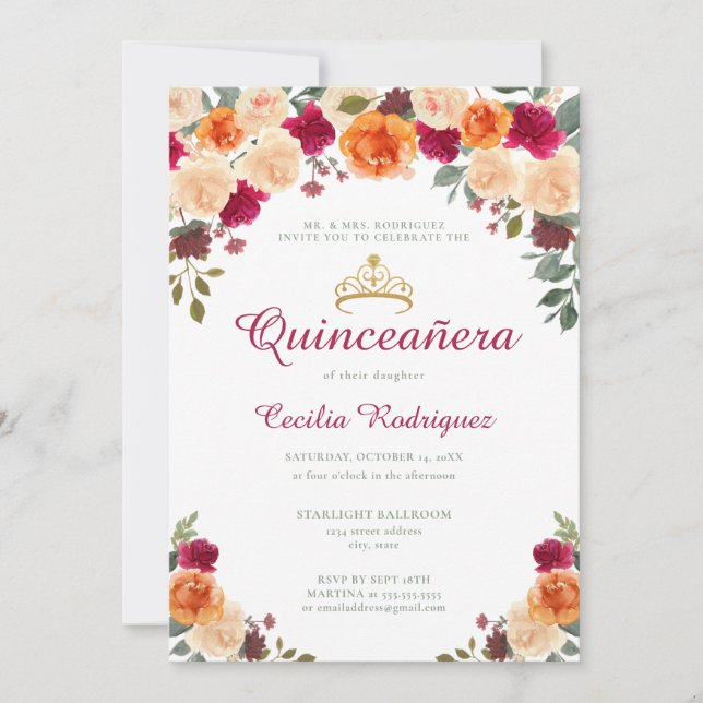 Invitation Floral Gold Tiara Quinceanera (Devant)