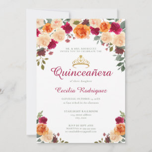 Invitation Floral Gold Tiara Quinceanera