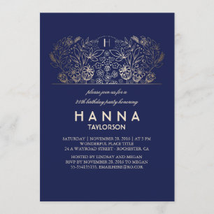 Invitation Floral Gold Vintage et Navy Birthday Party