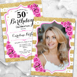 Invitation Floral Gold White Pink Photo 50e anniversaire<br><div class="desc">Elégante invitation au 50e anniversaire, fleurie et féminine avec votre photo au verso de la carte. Design blanc glam, rose avec faux or parties scintillant. Comprend des rayures, des roses roses de bébé, des caractères de script et des confettis. Parfait pour une fête anniversaire adulte élégante. Personnalisez avec vos propres...</div>