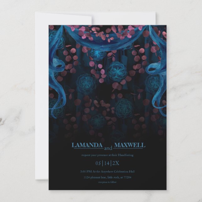 Invitation Floral gothique bleu rose Mariage à la main (Devant)