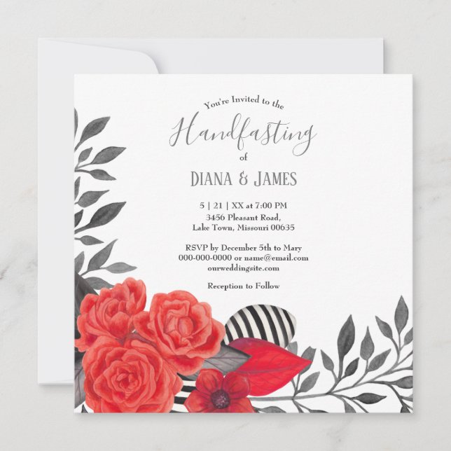 Invitation Floral gothique | Mariage à main rouge et noir (Devant)