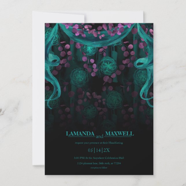 Invitation Floral gothique Mariage noir turquoise à la main (Devant)