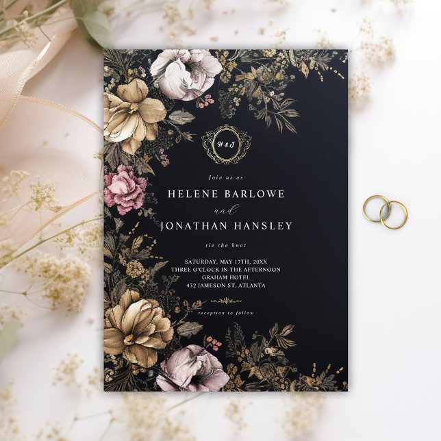 Invitation Floral gothique noir Monogramme Mariage (Floral Gothic Black Monogram Wedding Invitation)