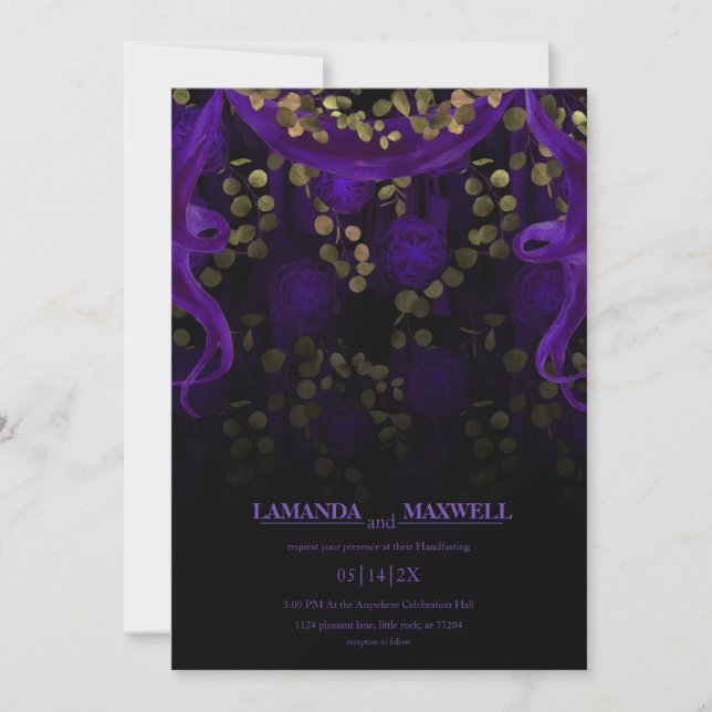 Invitation Floral gothique violet Mariage foncé (Devant)