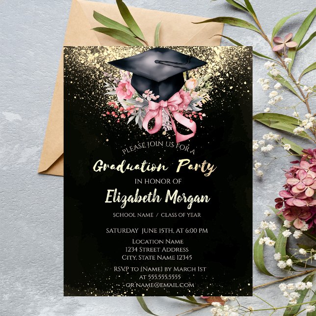 Invitation Floral Grad Cap, Bow Confetti Graduation Party (Créateur téléchargé)