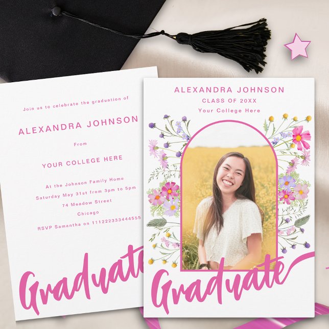 Invitation Floral Graduate Photo Pink Script Graduate Party (Boho floral arch graduate photo hot pink script Graduation party invitation)