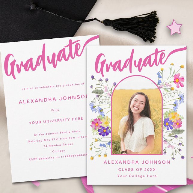 Invitation Floral Graduate Photo Pink Script Graduate Party (Boho floral graduate photo arch hot pink script graduation party invitation watercolor wildflowers )