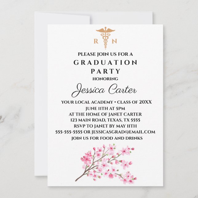 Invitation Floral Graduation Infirmière Typographie Cherry Bl (Devant)