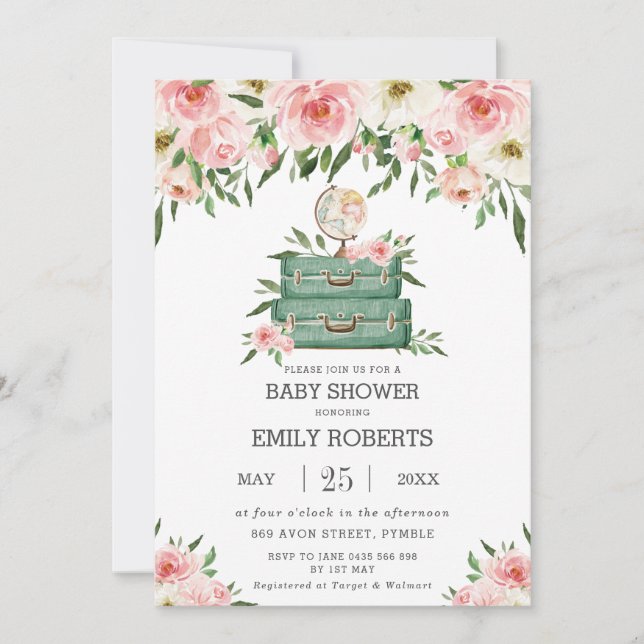 Invitation Floral Green Adventure Baby shower Girl (Devant)